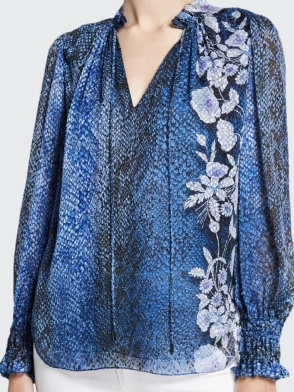 Elie Tahari Blue Floral-Embroidered V-Neck Blouse Sz XL
